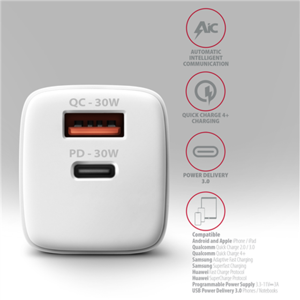 AXAGON Wall Charger 2x port (USB-A+USB-C), 30W , ACU-PQ30W