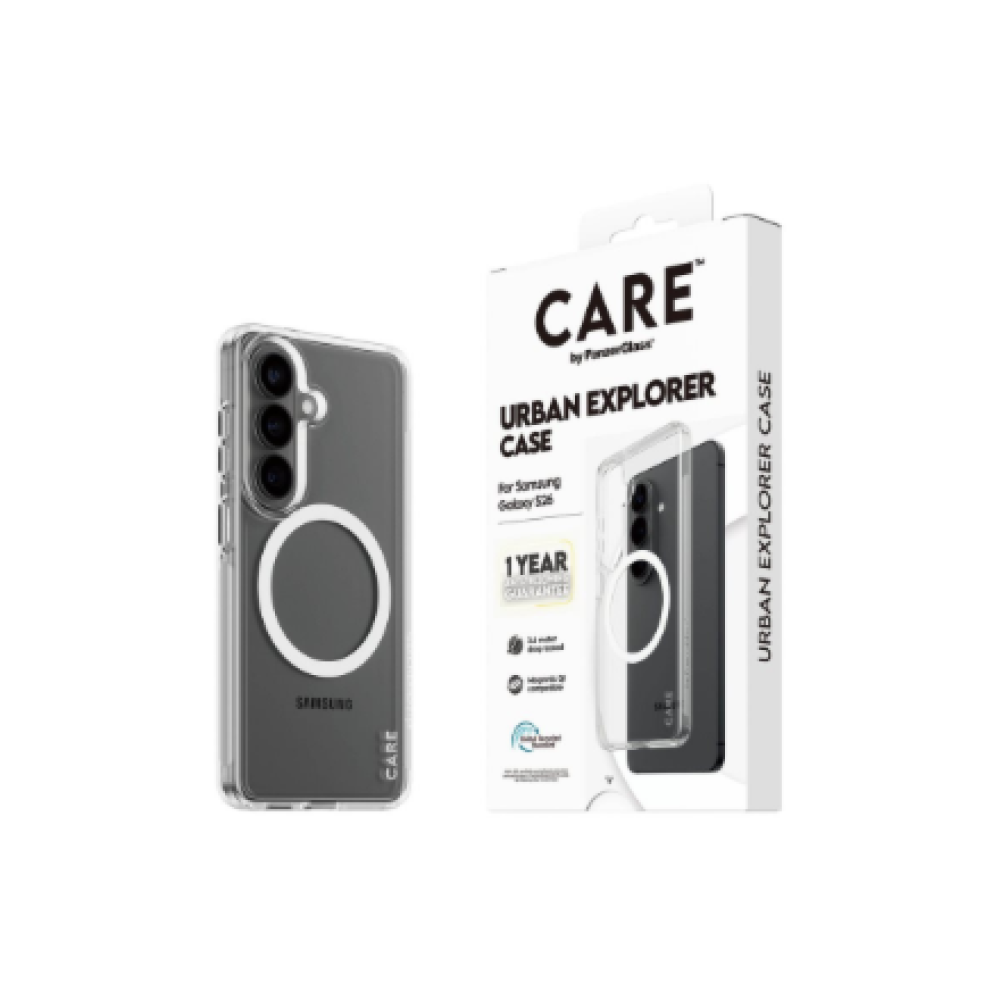 CARE by PanzerGlass Urban Explorer Case Transparent w. White Qi Samsung New Galaxy S26 , PanzerGlass