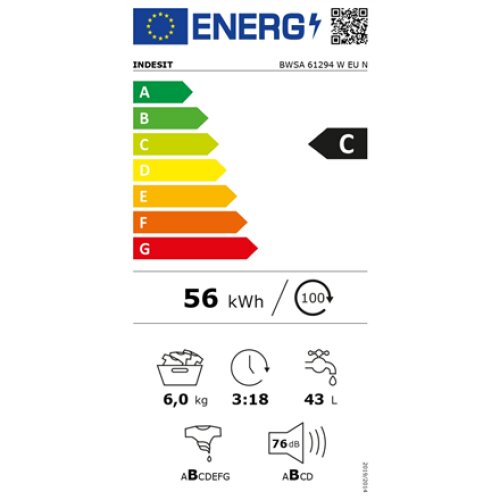 INDESIT , Washing machine , BWSA 61294 W EU N , Energy efficiency class C , Front loading , Washing capacity 6 kg , 1150 RPM , Depth 42.5 cm , Width 59.5 cm , Display , Big Digit , White