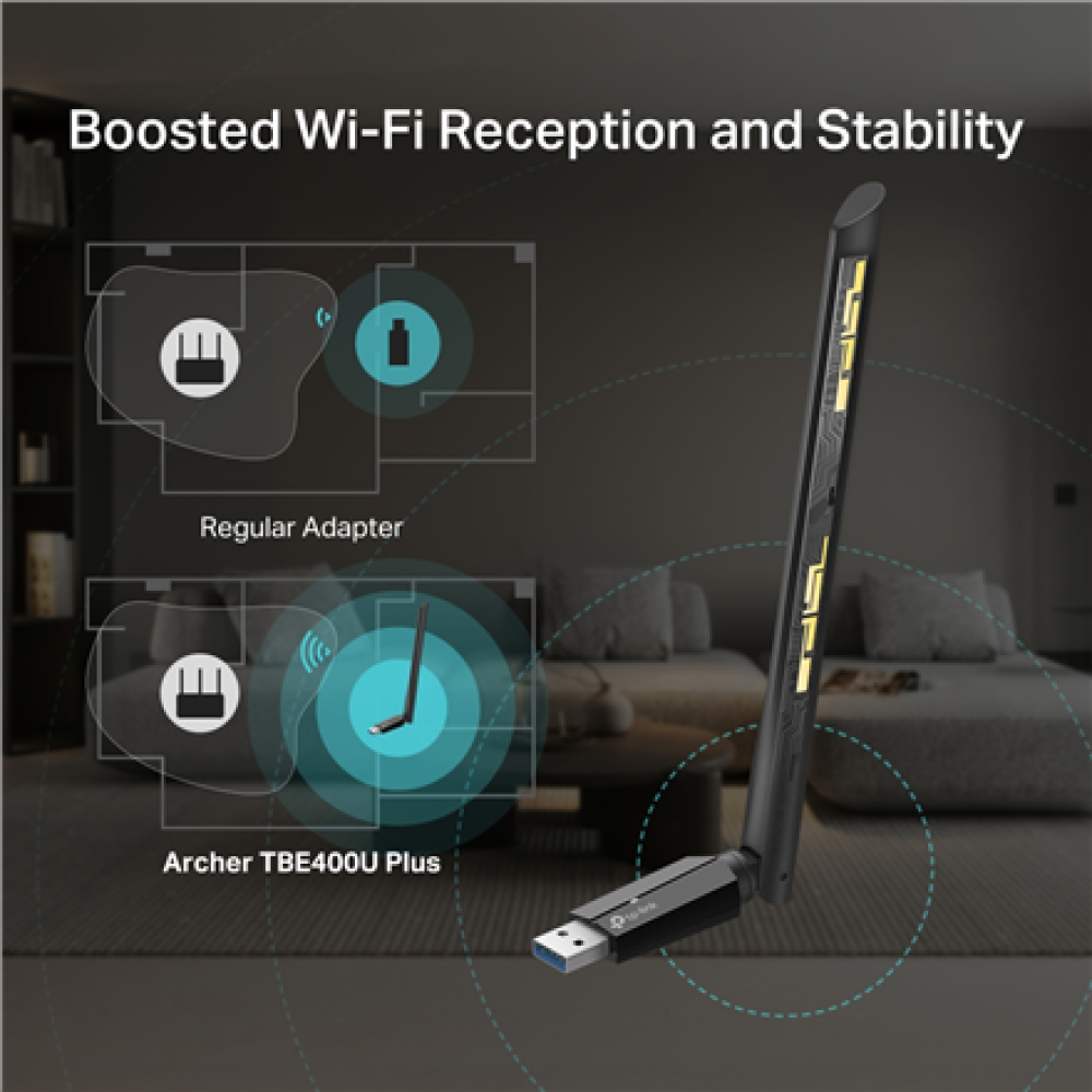 TP-LINK BE6500 Tri-Band Wi-Fi 7 High Gain Wireless USB Adapter , Archer TBE400U Plus , 2.4 GHz, 5 GHz, 6 GHz , 802.11ax , MU-MiMO No , no PoE , Antenna type High-Gain Tri-Band