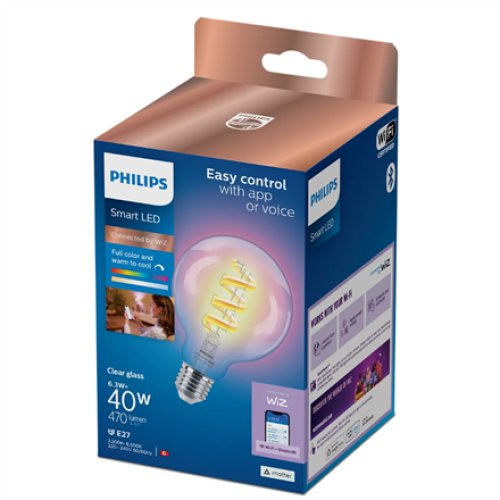 Philips Smart WiFi Filament Clear G95 470Lm , E27 , 6.3 W , RGB , Bluetooth, Wi-Fi