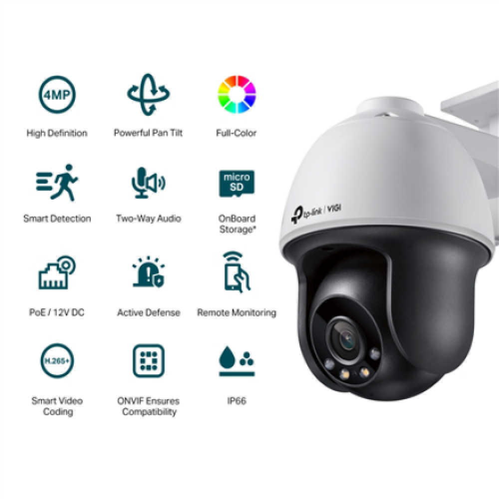 TP-LINK VIGI 4MP Outdoor Full-Color Pan Tilt Network Camera VIGI C540 Dome, 4 mm, IP66, H.265+/H.265/H.264+/H.264, MicroSD