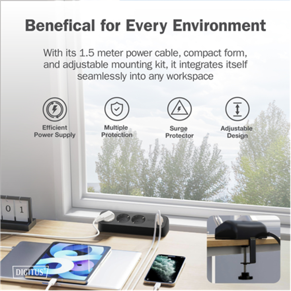 Digitus 3-way office socket strip with 2x USB-A and 1x USB-C connections , DA-70625