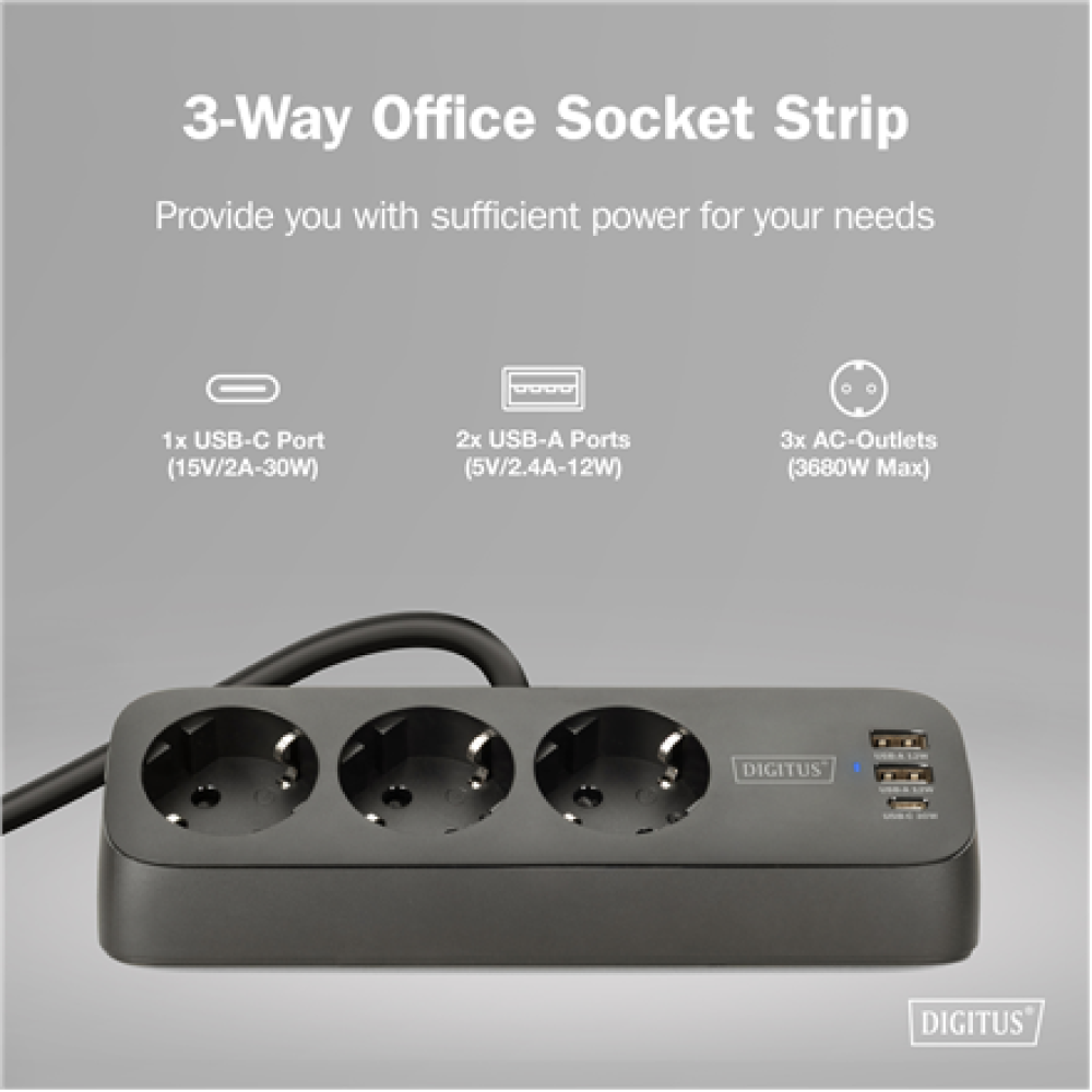 Digitus 3-way office socket strip with 2x USB-A and 1x USB-C connections , DA-70625