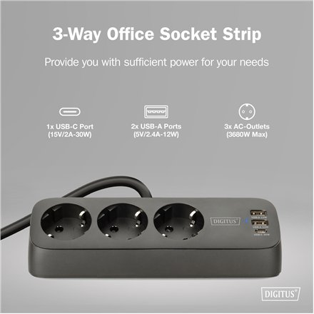 Digitus 3-way office socket strip with 2x USB-A and 1x USB-C connections , DA-70625