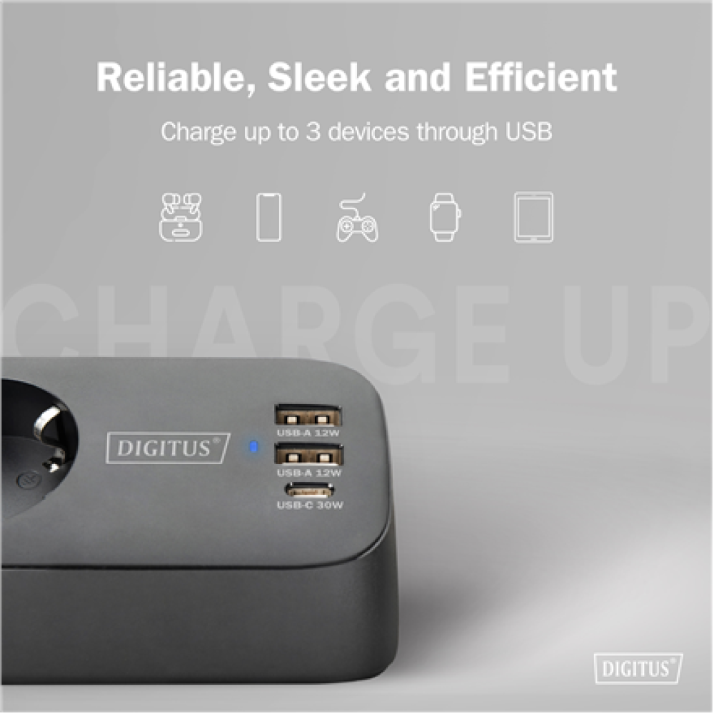 Digitus 3-way office socket strip with 2x USB-A and 1x USB-C connections , DA-70625