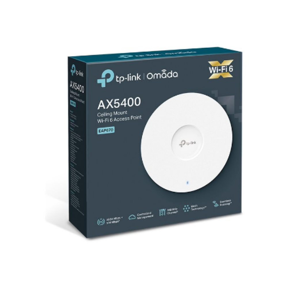 TP-LINK , AX5400 Ceiling Mount WiFi 6 Access Point , EAP670 , 802.11ax , 2.4 + 5 GHz , 574 + 4804 Mbit/s , Ethernet LAN (RJ-45) ports 1 , MU-MiMO Yes , PoE in