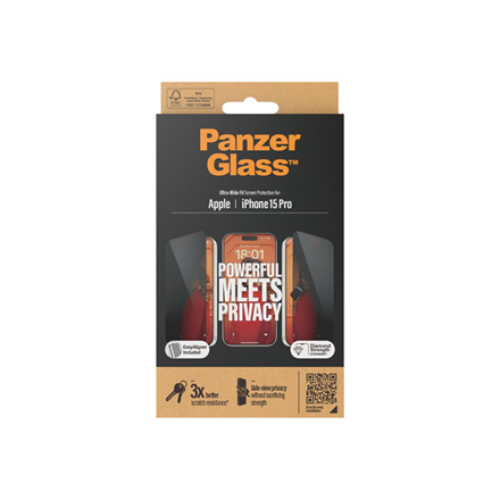PanzerGlass , Screen protector , Apple , iPhone 15 Pro , Glass , Black , Ultra-Wide Fit w. EasyAligner