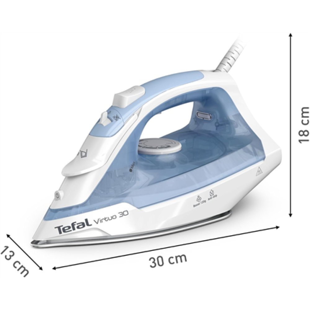 TEFAL Virtuo 30 FV2C41G0 , Steam Iron , 2000 W , Water tank capacity 240 ml , Continuous steam 25 g/min , Steam boost performance 120 g/min , Calm Blue