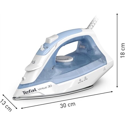 TEFAL Virtuo 30 FV2C41G0 , Steam Iron , 2000 W , Water tank capacity 240 ml , Continuous steam 25 g/min , Steam boost performance 120 g/min , Calm Blue
