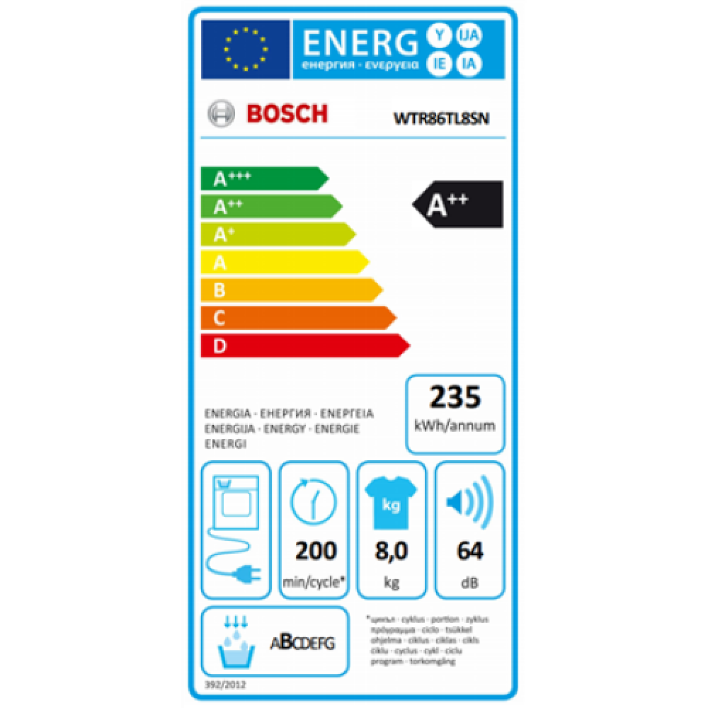 Bosch Dryer Machine WTR86TL8SN Energy efficiency class A++, Front loading, 8 kg, Sensitive dry, LED, Depth 60 cm, White