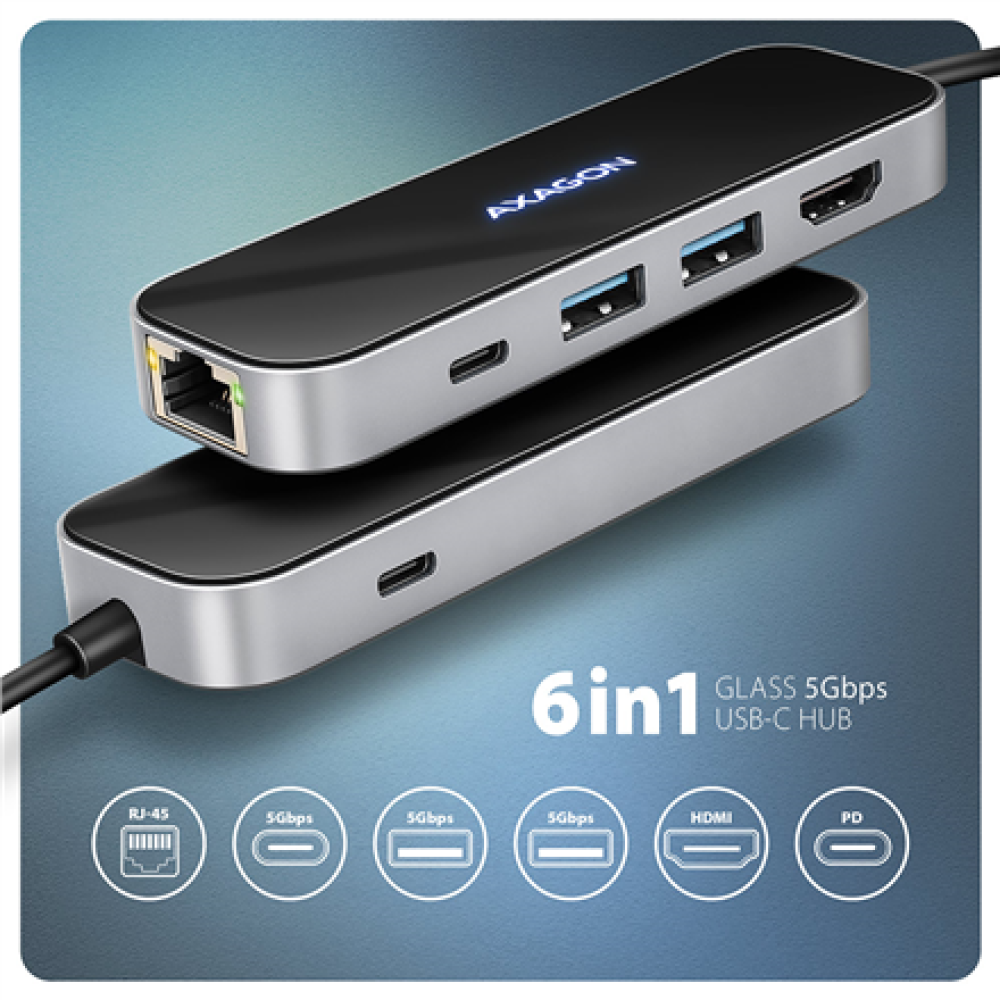 AXAGON USB-C 5Gbps GLASS 6in1 Hub , HMC-6GLN