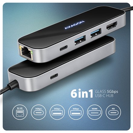 AXAGON USB-C 5Gbps GLASS 6in1 Hub , HMC-6GLN