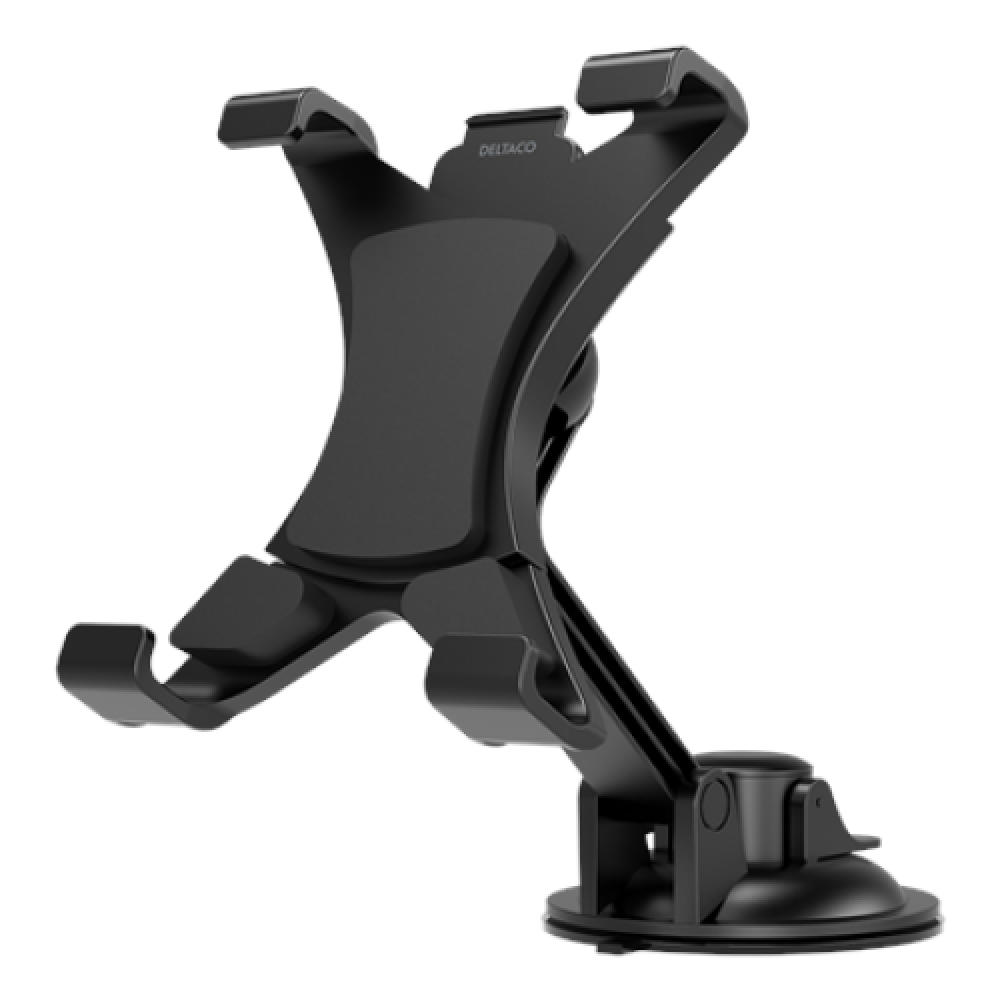 DELTACO Car Tablet Holder Adjustable 360 ° Clamp Black 7.5 A stable bracket with suction plug for mounting on the windshield or on the dashboard; The holder fits most tablets and can be easily adjusted to the desired width; Thanks to rubberized surfaces, 