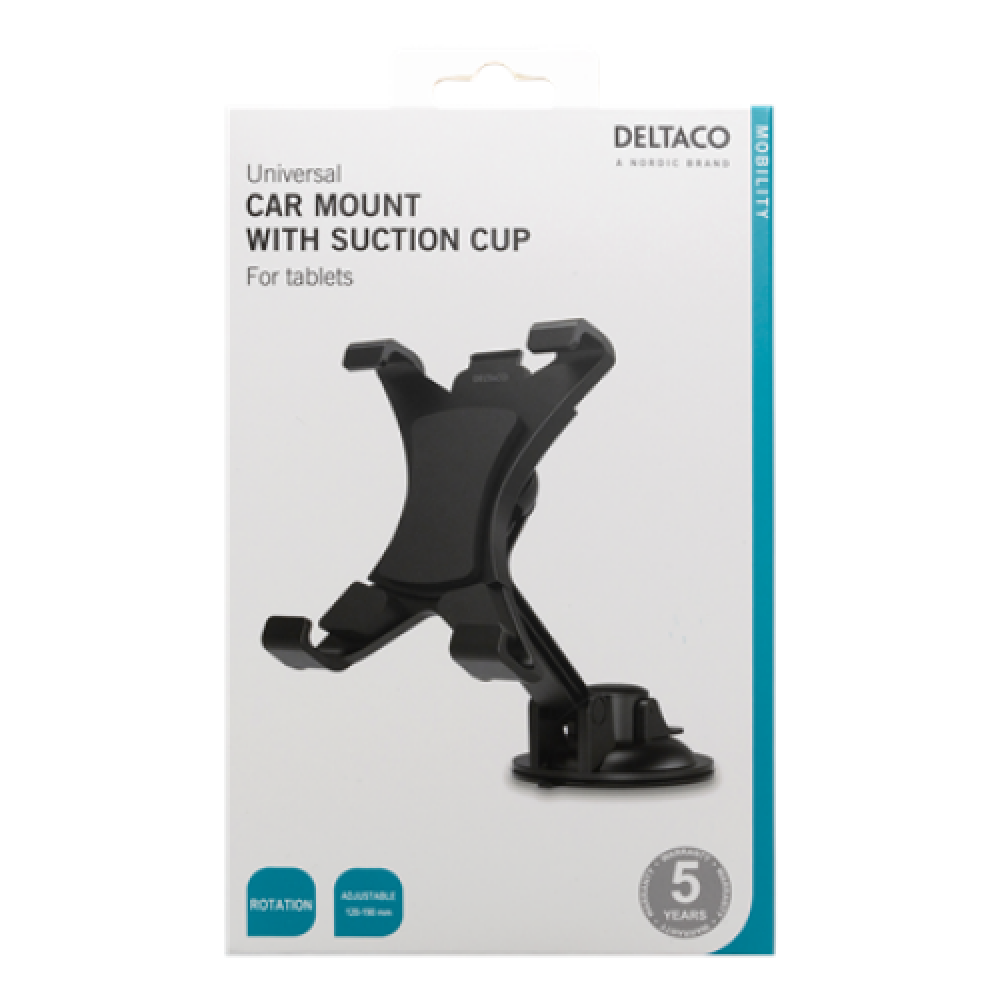DELTACO Car Tablet Holder Adjustable 360 ° Clamp Black 7.5 A stable bracket with suction plug for mounting on the windshield or on the dashboard; The holder fits most tablets and can be easily adjusted to the desired width; Thanks to rubberized surfaces, 