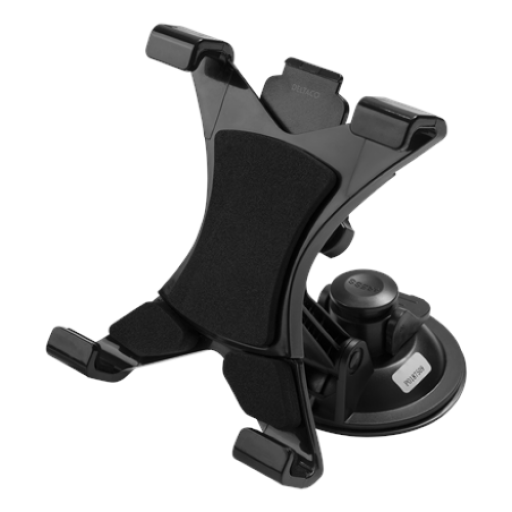 DELTACO Car Tablet Holder Adjustable 360 ° Clamp Black 7.5 A stable bracket with suction plug for mounting on the windshield or on the dashboard; The holder fits most tablets and can be easily adjusted to the desired width; Thanks to rubberized surfaces, 