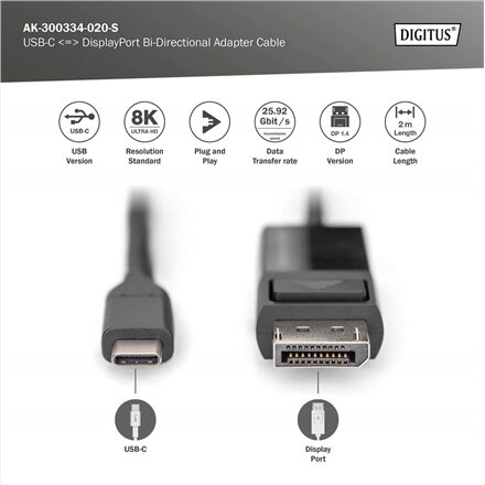 Digitus , Bi-Directional Adapter Cable 2 m , AK-300334-020-S , USB Type C to DisplayPort