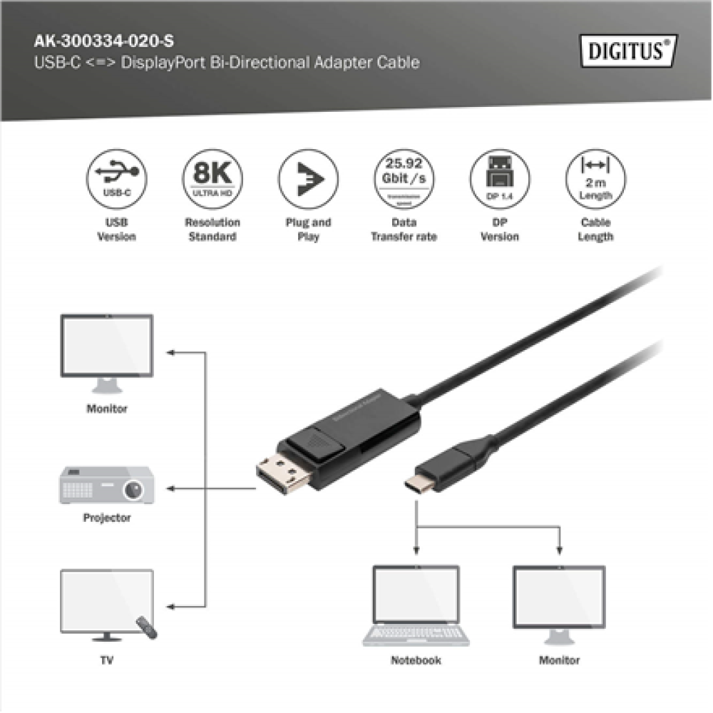 Digitus , Bi-Directional Adapter Cable 2 m , AK-300334-020-S , USB Type C to DisplayPort