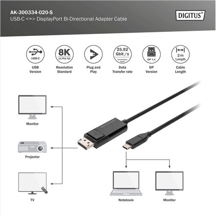 Digitus , Bi-Directional Adapter Cable 2 m , AK-300334-020-S , USB Type C to DisplayPort