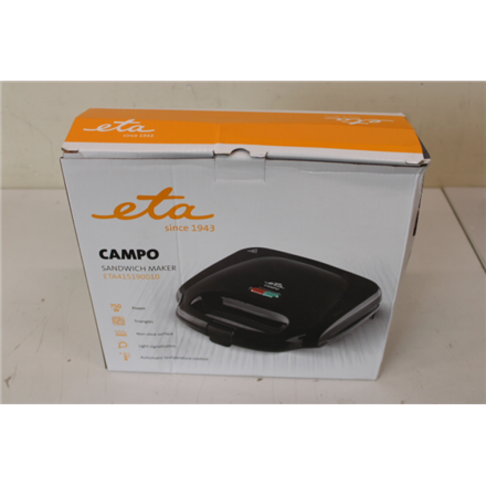SALE OUT. ETA ETA415190010 Campo Sandwich maker, 750 W, Black , ETA Sandwich maker , ETA415190010 , 750 W , Number of plates 1 , Number of pastry 2 , Black , DAMAGED PACKAGING