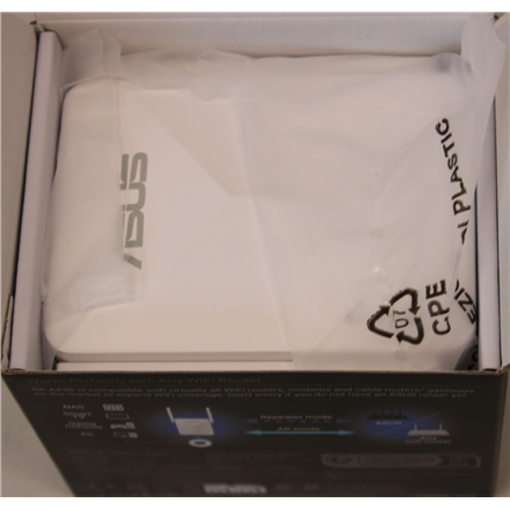 SALE OUT. ASUS RP-AX50 AX1500 Dual-Band WLan-Repeater , Asus AX1500 Dual-Band WiFi 6 Range Extender , RP-AX50 , 802.11ax , 2.4 GHz / 5 GHz , Ethernet LAN (RJ-45) ports 1 , MU-MiMO No , no PoE , Antenna type 2 x External , DAMAGED INNER PACKAGING (BAG), UN