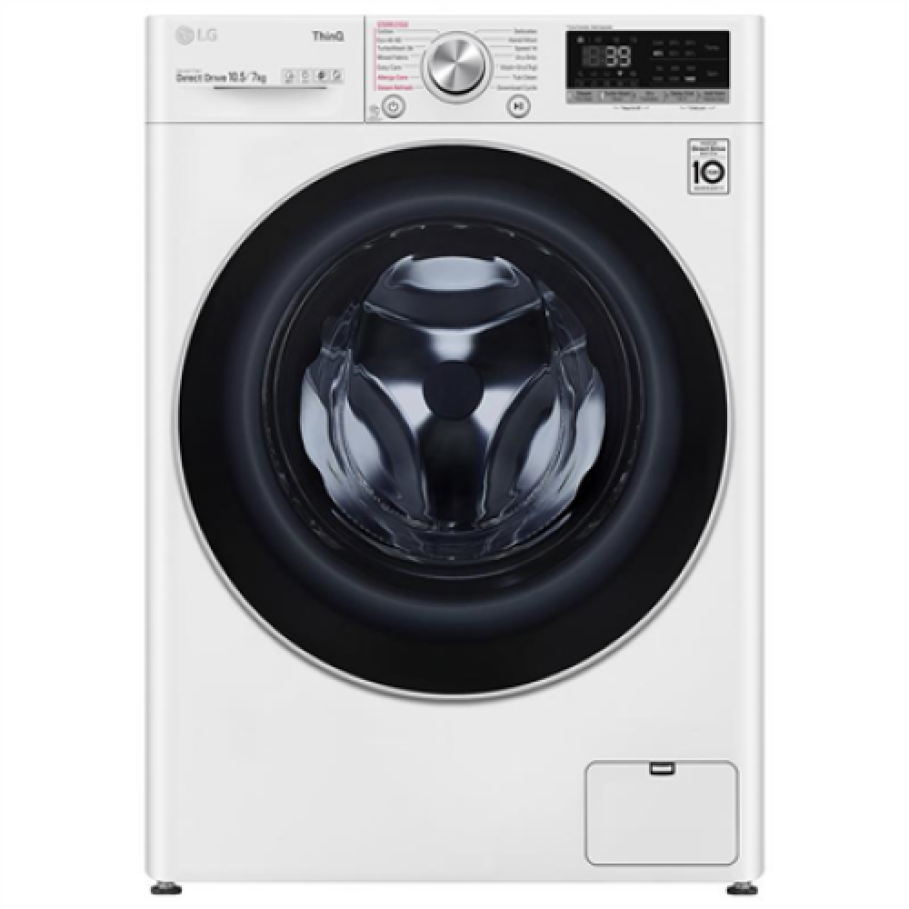 LG Washing Machine With Dryer F4DV710S1E Energy efficiency class A Front loading Washing capacity 10.5 kg 1400 RPM Depth 56 cm Width 60 cm Display LED Drying system Drying capacity 7 kg Steam function Direct drive Wi-Fi White