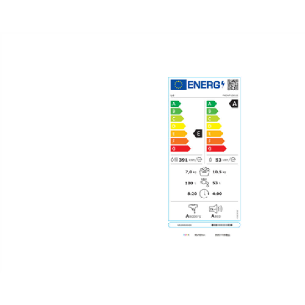 LG Washing Machine With Dryer F4DV710S1E Energy efficiency class A Front loading Washing capacity 10.5 kg 1400 RPM Depth 56 cm Width 60 cm Display LED Drying system Drying capacity 7 kg Steam function Direct drive Wi-Fi White
