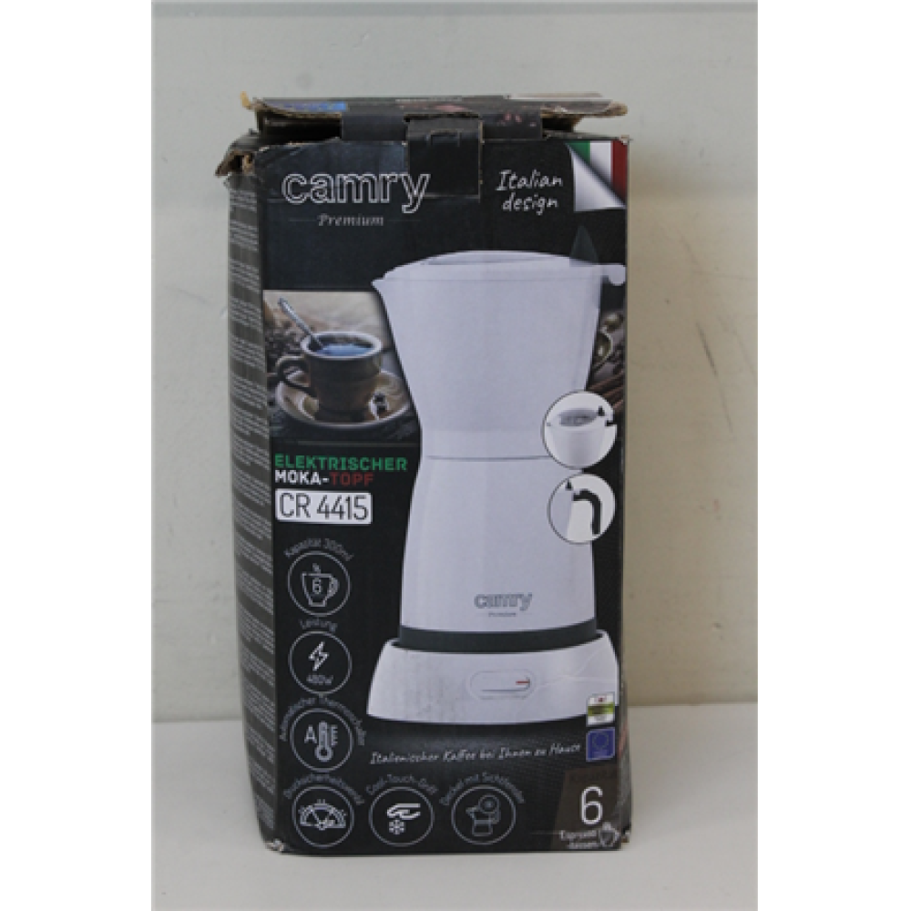 SALE OUT. Camry CR 4415w Electric Moka coffe maker, White/Black , Camry Electric Moka Coffe Maker , CR 4415w , 480 W , White , DAMAGED PACKAGING, DIRTY, SCRATCHED