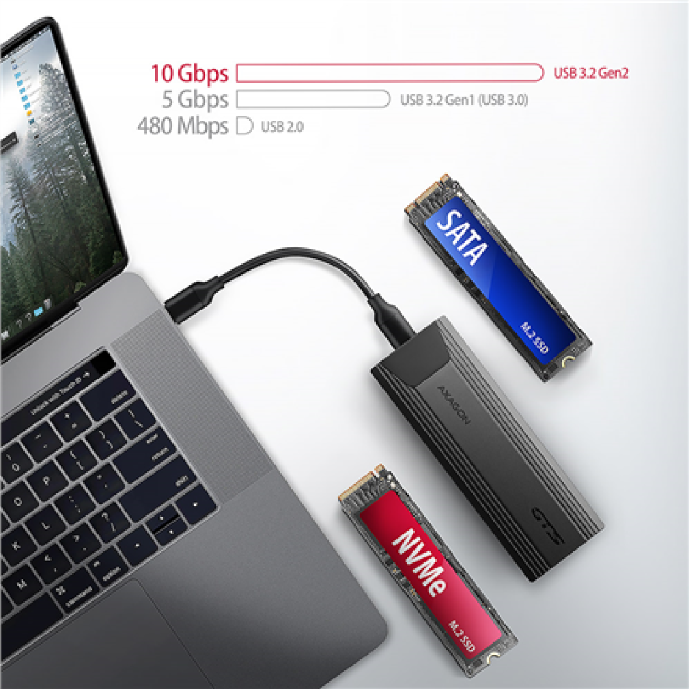 AXAGON USB-C 10Gbps - M.2 NVMe and SATA SSD THIN SCREWLESS box , EEM2-GTS2