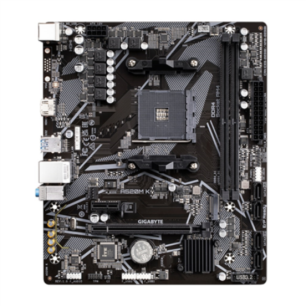 Gigabyte A520M K 1.0 M/B Processor family AMD, Processor socket AM4, DDR4 DIMM, Memory slots 2, Supported hard disk drive interfaces SATA, M.2, Number of SATA connectors 4, Chipset AMD A520, Micro ATX