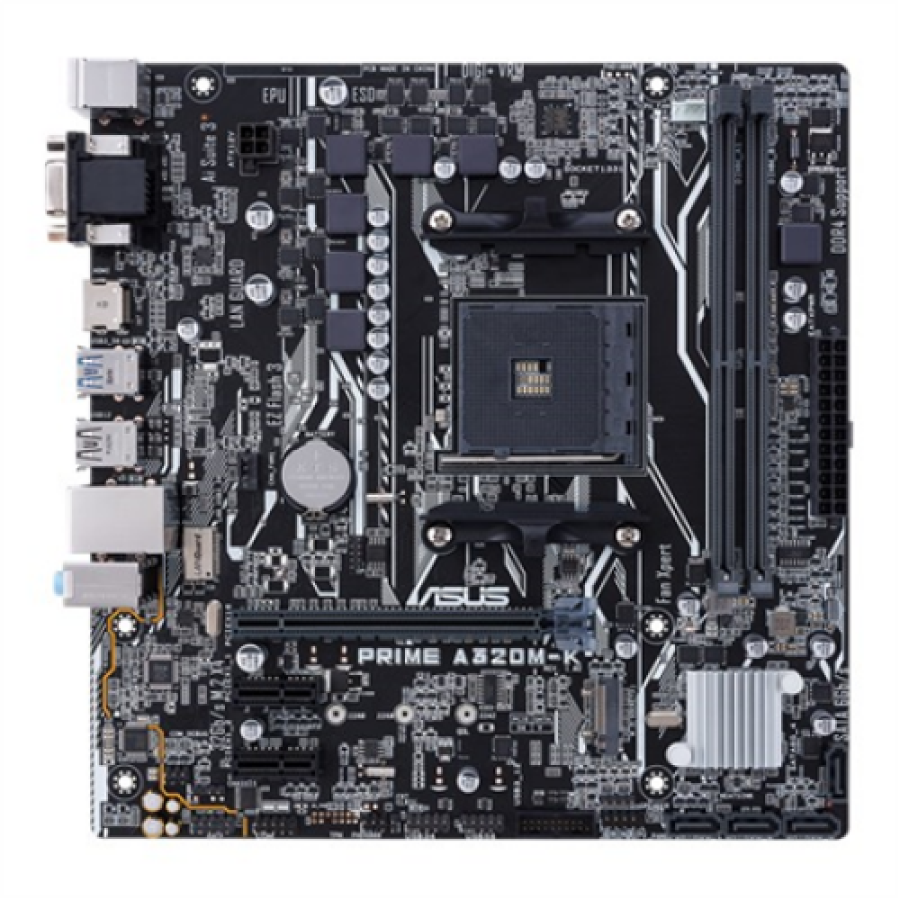 Asus PRIME A320M-K Processor family AMD Processor socket AM4 Max. 32GB, DDR4 Memory slots 2 Supported hard disk drive interfaces M.2, PCI Express 3.0, Serial ATA Number of SATA connectors 4 Chipset AMD A Micro ATX