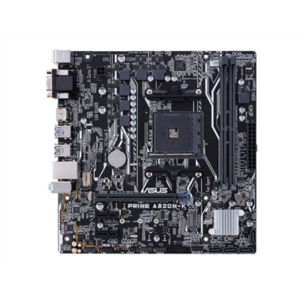 Asus PRIME A320M-K Processor family AMD Processor socket AM4 Max. 32GB, DDR4 Memory slots 2 Supported hard disk drive interfaces M.2, PCI Express 3.0, Serial ATA Number of SATA connectors 4 Chipset AMD A Micro ATX