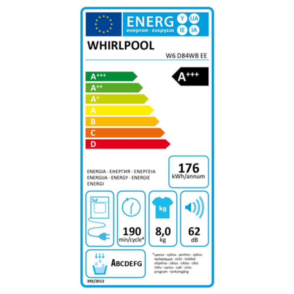 Whirlpool Dryer Machine with Heat Pump , W6 D84WB EE , Energy efficiency class A+++ , Front loading , 8 kg , LCD , Depth 65.6 cm , White