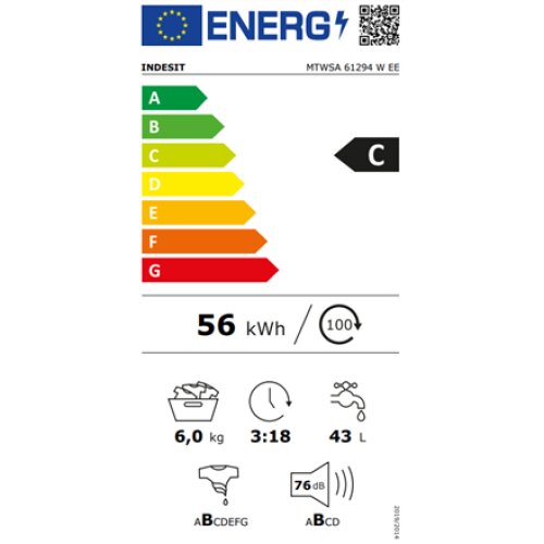 INDESIT , Washing Machine , MTWSA 61294 W EE , Energy efficiency class C , Front loading , Washing capacity 6 kg , 1200 RPM , Depth 42.5 cm , Width 59.5 cm , Display , LED , White