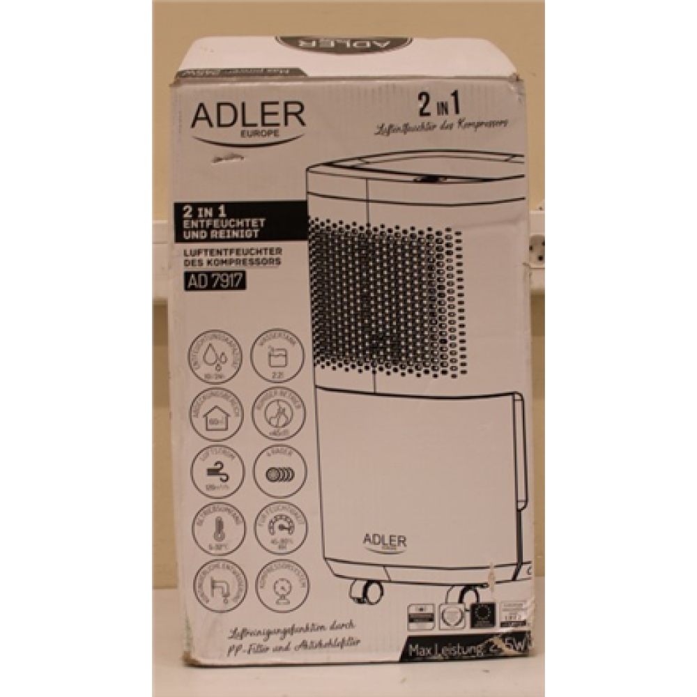 SALE OUT. Adler AD 7917 Air Dehumidifier, 200 W, Free standing, White , Adler , Air Dehumidifier , AD 7917 , Power 200 W , Suitable for rooms up to 60 m³ , Water tank capacity 2.2 L , White , DAMAGED PACKAGING