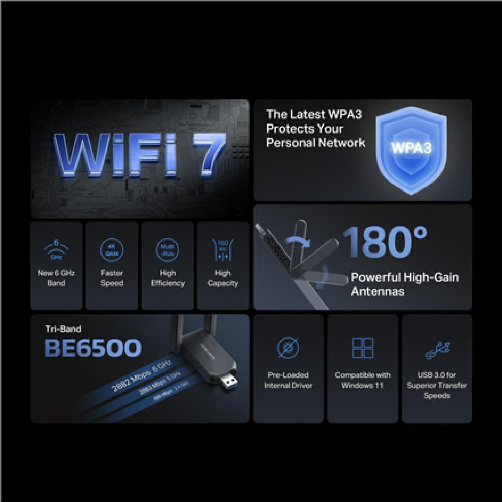 Mercusys MA37BEH , BE6500 Wi-Fi 7 High-Gain Wireless USB Adapter