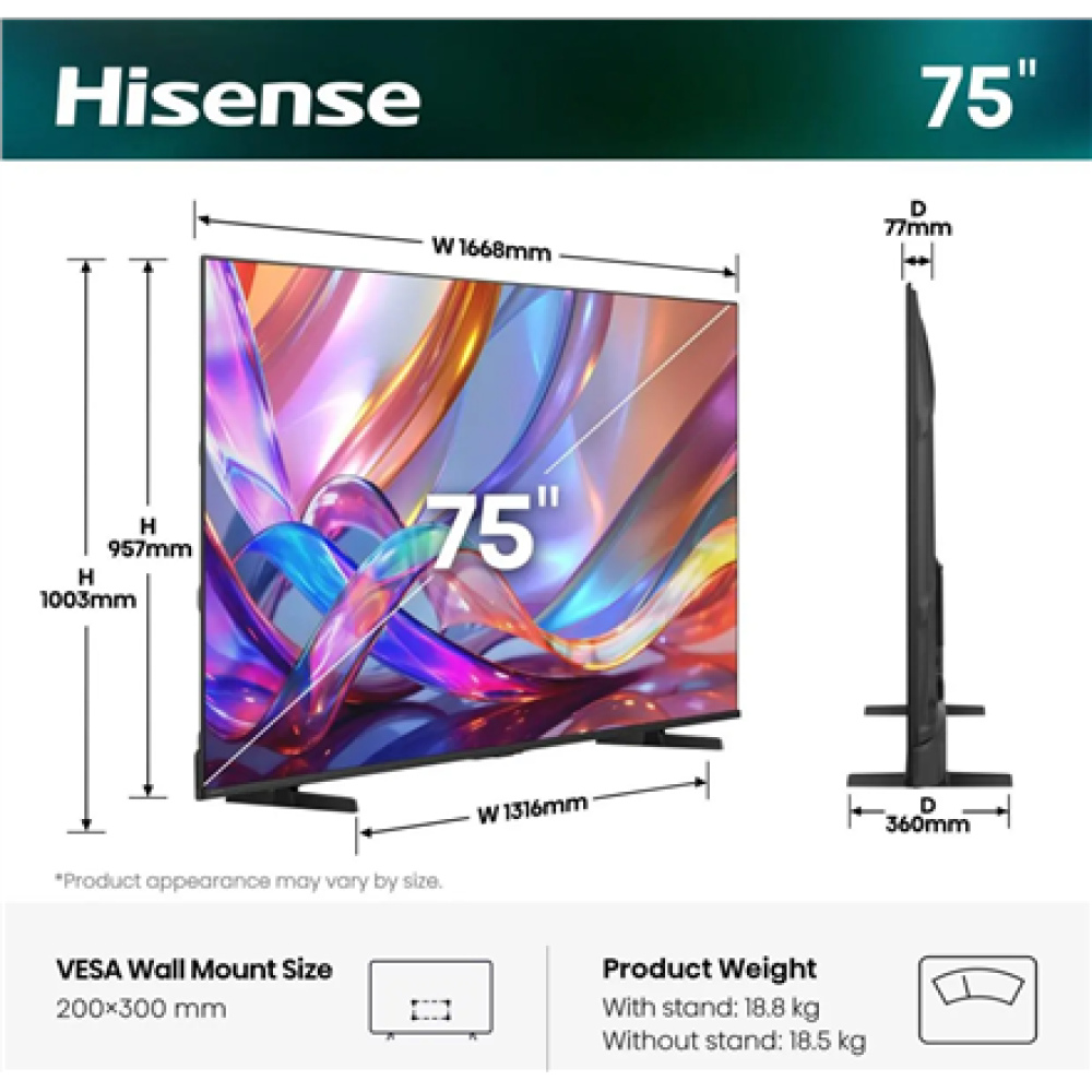 Hisense Hi-QLED TV , 75E7S , 75 , Smart TV , VIDAA Smart OS , UHD , Black