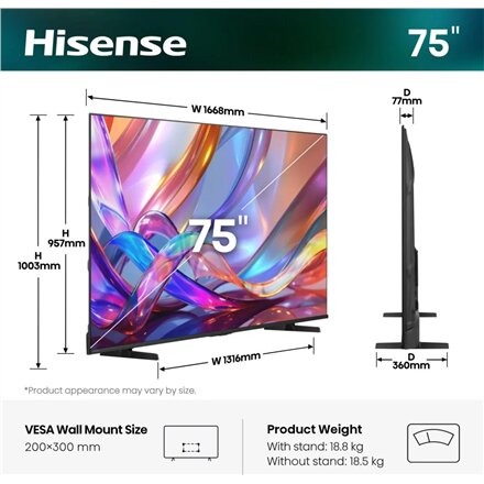 Hisense Hi-QLED TV , 75E7S , 75 , Smart TV , VIDAA Smart OS , UHD , Black