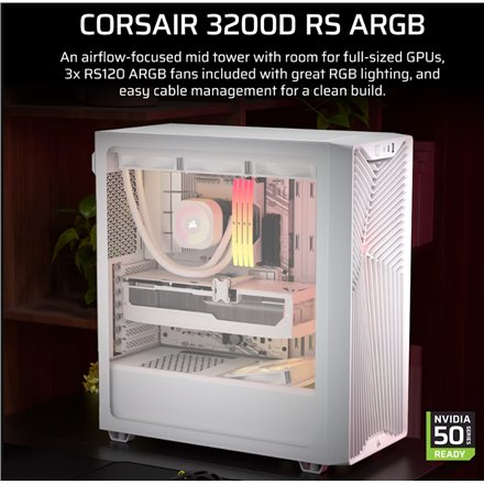 Corsair PC Case , 3200D RS ARGB , Mid-Tower , White