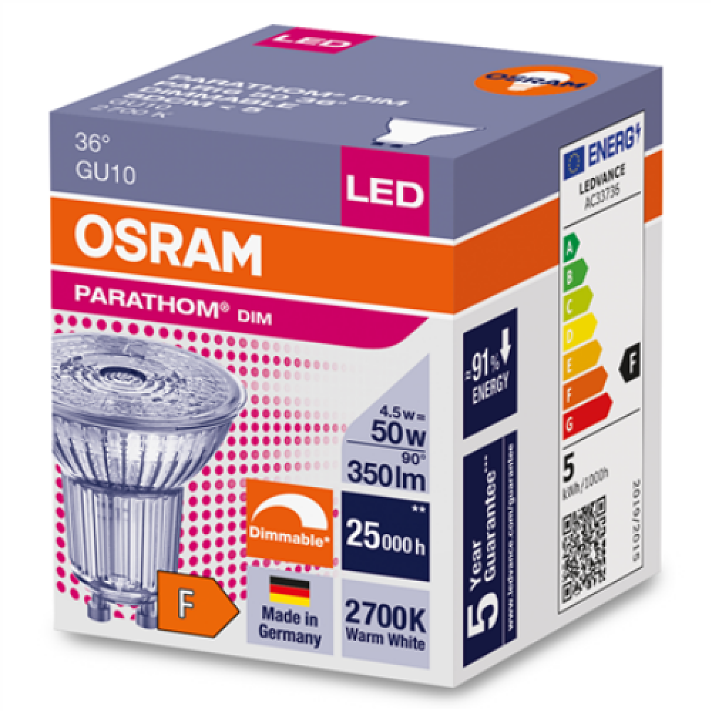 Osram Parathom Reflector LED 50 dimmable 36° 4,5 W/927 GU10 bulb Osram Parathom Reflector LED GU10 4.5 W Warm White