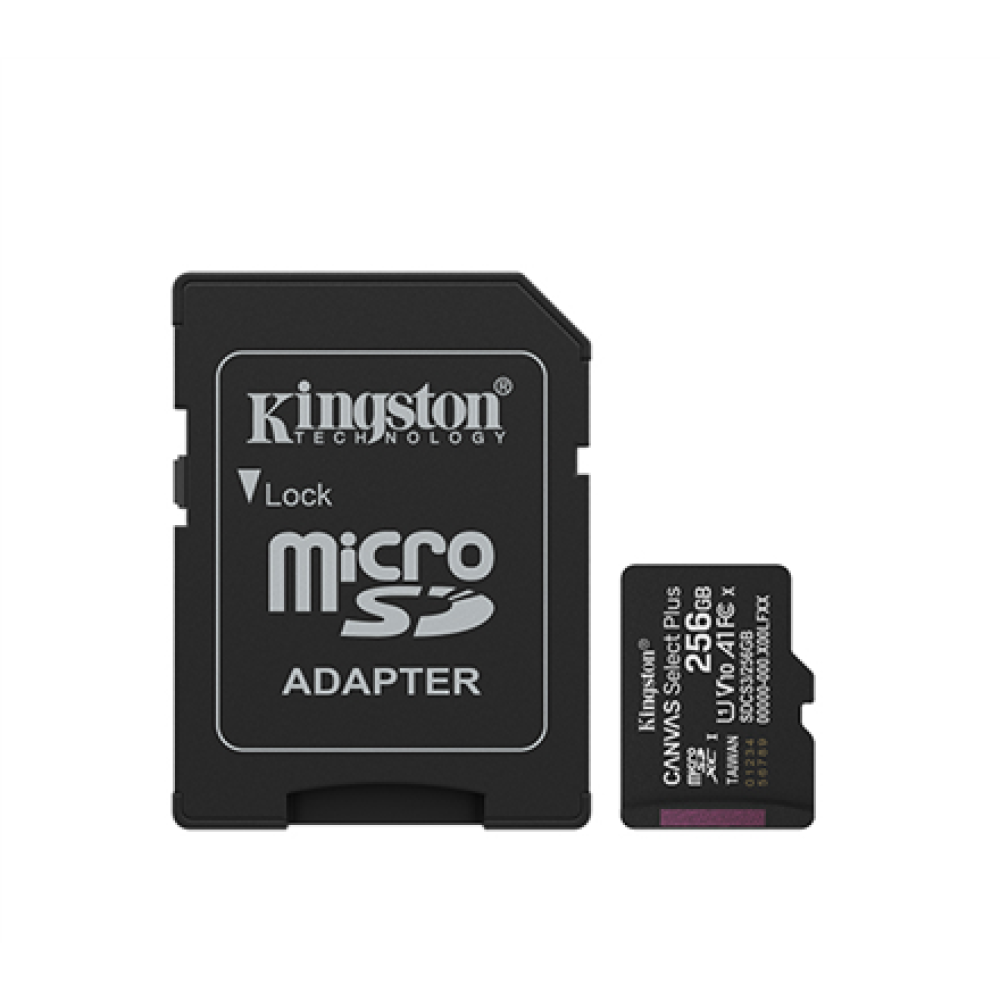 Kingston Canvas Select Plus , 256 GB , microSD , Flash memory class Class 10, UHS-I, U1/U3, video class 10/30, A1
