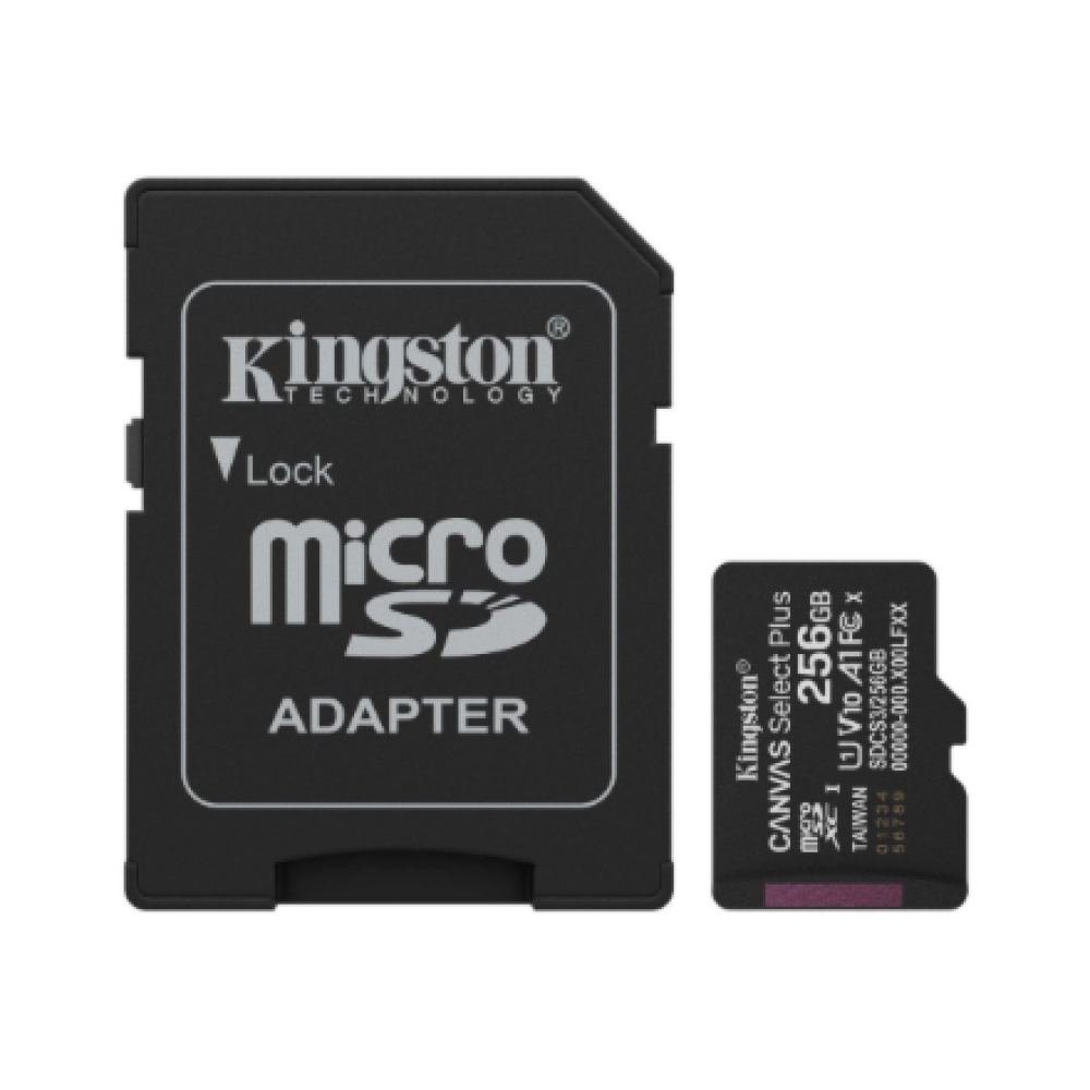 Kingston Canvas Select Plus , 256 GB , microSD , Flash memory class Class 10, UHS-I, U1/U3, video class 10/30, A1