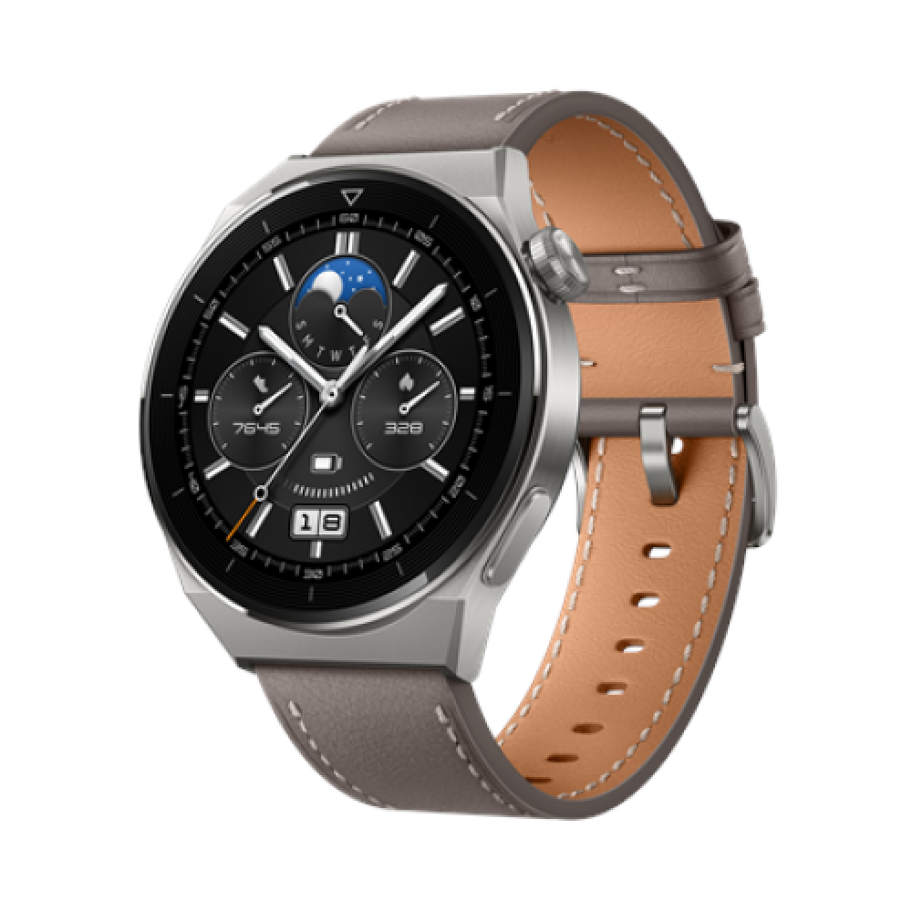 Huawei WATCH GT 3 Pro Smart watch, GPS (satellite), AMOLED, Touchscreen, Heart rate monitor, Activity monitoring 24/7, Waterproof, Bluetooth, Titanium Case with Gray Leather Strap, Odin-B19V