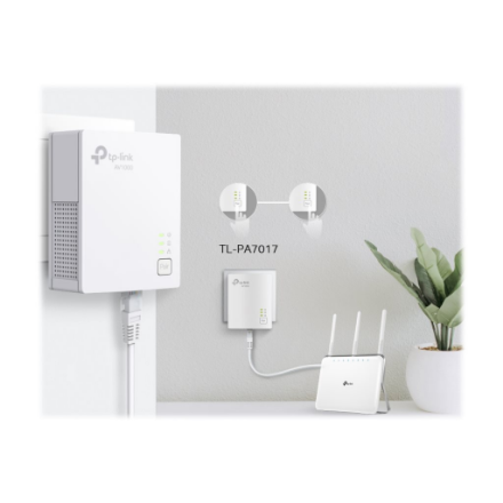 TP-LINK , Gigabit Powerline Starter Kit , TL-PA7017 KIT , 10/100/1000 Mbit/s , Ethernet LAN (RJ-45) ports 1 , No Wi-Fi , Data transfer rate (max) 1000 Mbit/s , Extra socket