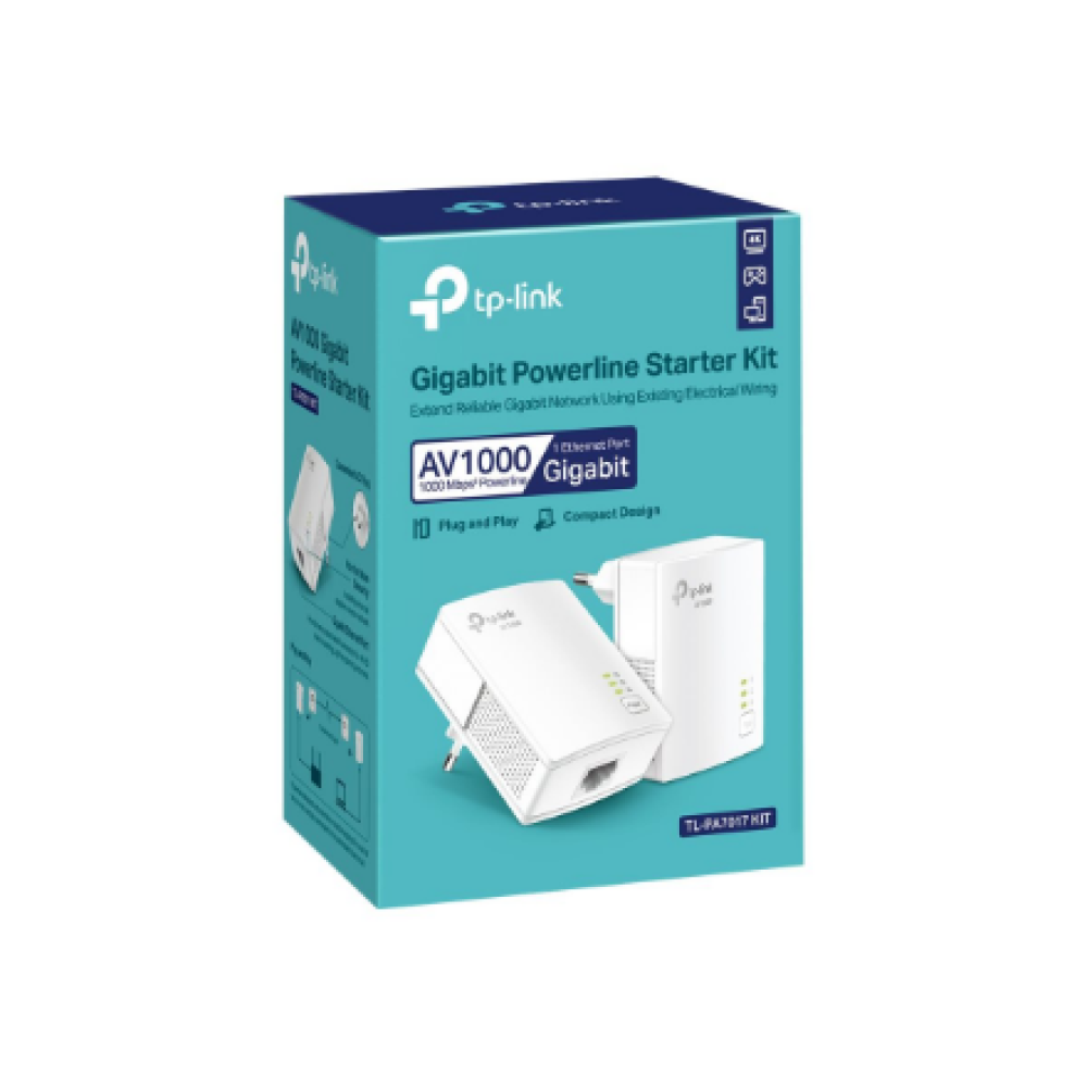 TP-LINK , Gigabit Powerline Starter Kit , TL-PA7017 KIT , 10/100/1000 Mbit/s , Ethernet LAN (RJ-45) ports 1 , No Wi-Fi , Data transfer rate (max) 1000 Mbit/s , Extra socket