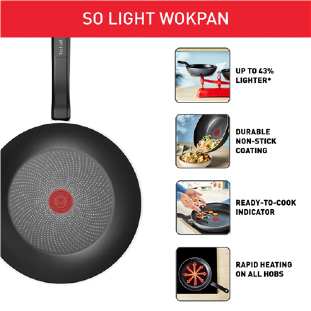 TEFAL Pan , H0561942 , Wok , Diameter 28 cm , Suitable for induction hob , Fixed handle , Black