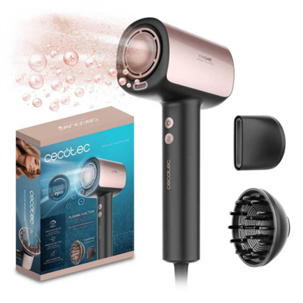 Cecotec Hair dryer , DryGlam Nano Plasma , 1600 W , Number of temperature settings 3 , Ionic function , Black/Rose Gold , Diffuser nozzle