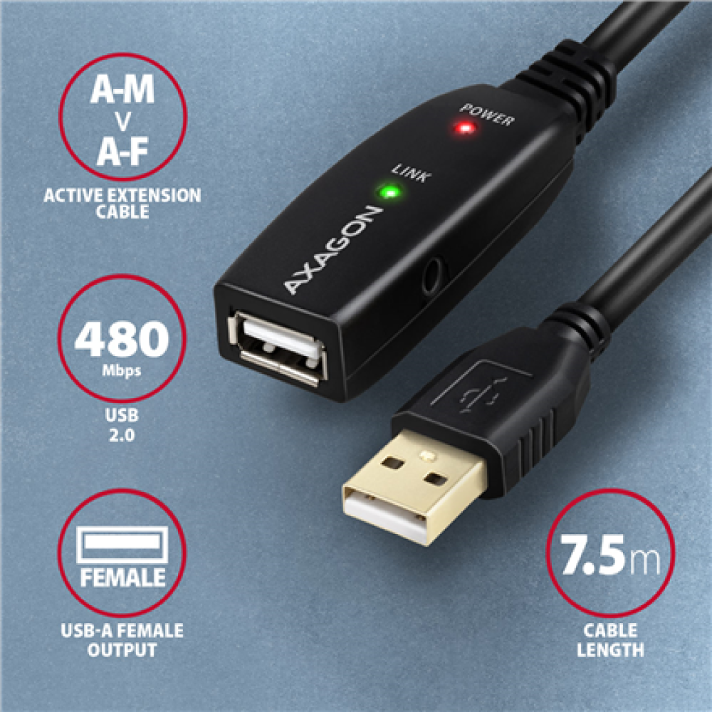 ADR-207 AXAGON Active extension cable, 7.5 m , ADR-207 , USB Type-A to USB Type-A