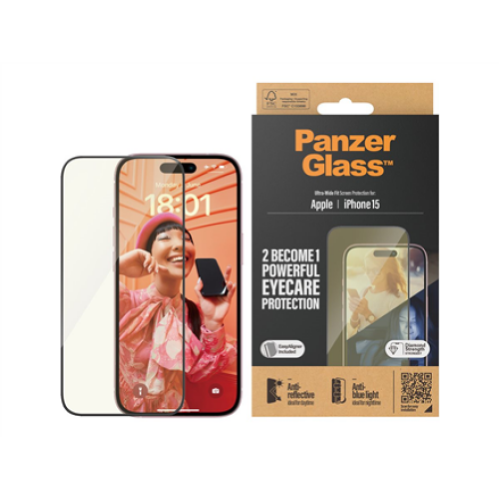 PanzerGlass , Screen protector , Apple , iPhone 15 , Glass , Clear , Ultra-Wide Fit; Easy installation; Fingerprint resistant; Anti-blue light; Anti-reflective; Anti-yellowing , Eyecare