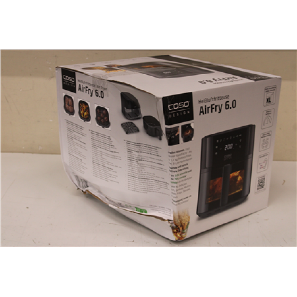 SALE OUT. Caso Designer Air Fryer AirFry 6.0, Capacity 6 L, Black , Caso Designer Air Fryer , AirFry 6.0 , Power 1700 W , Capacity 6 L , Black , DAMAGED PACKAGING, SMALL DENT ON SIDE